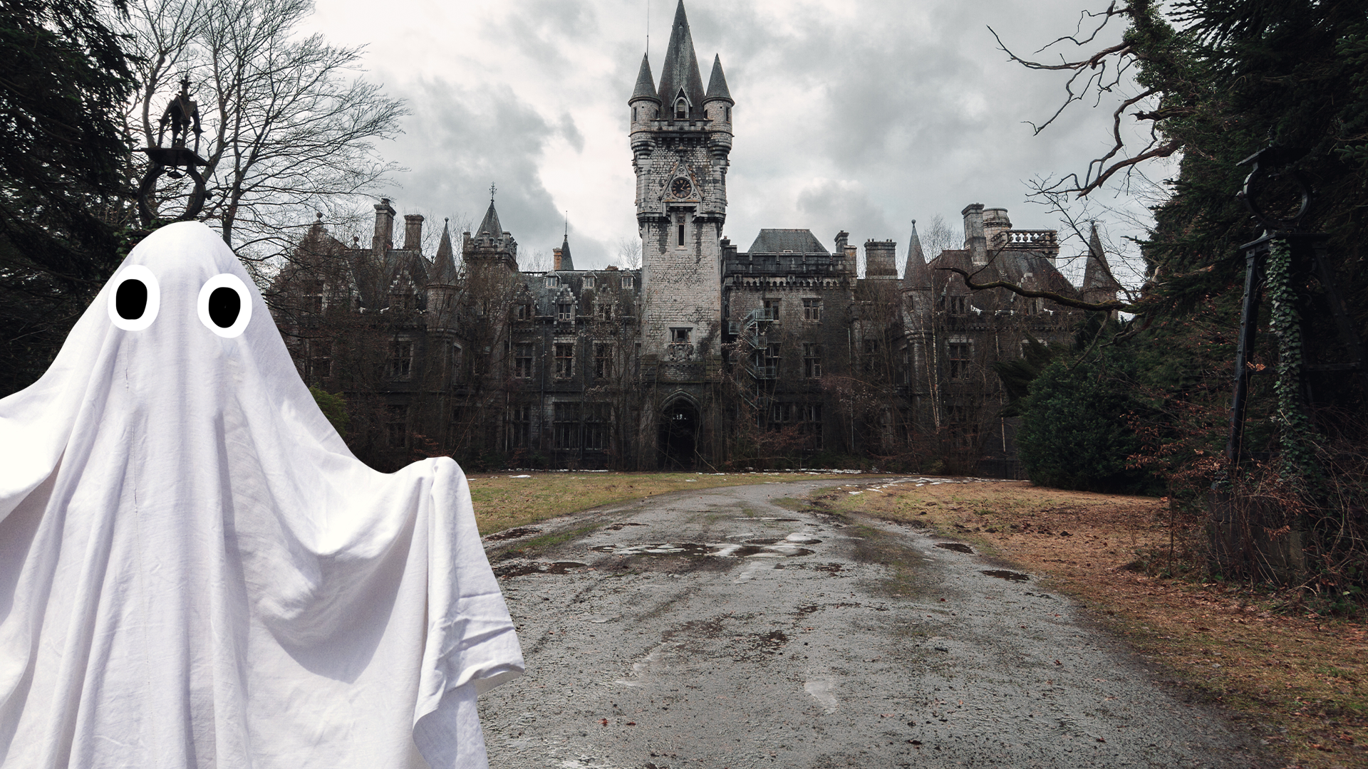 Spooky ghost outside spooky castle
