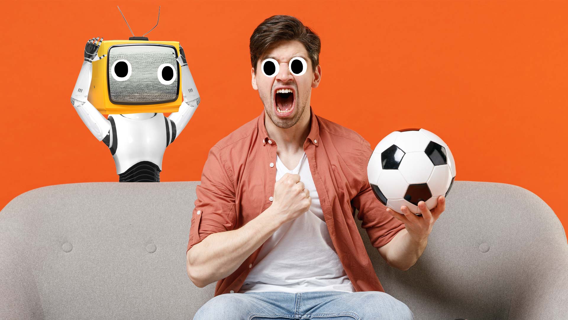 A football fan singing on a sofa, with a robot in the background