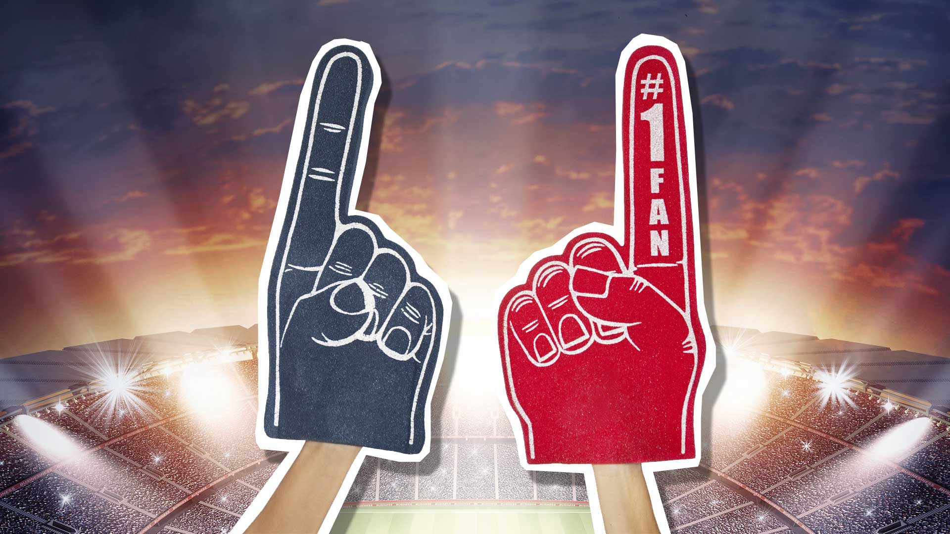 Red and blue foam hands with a stadium in the background