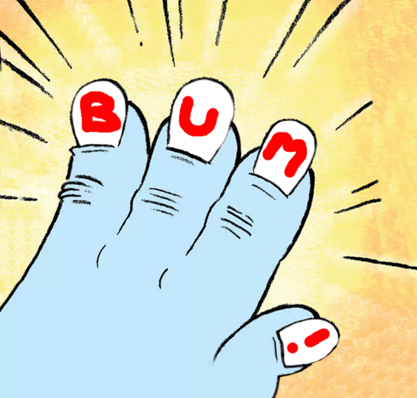 A yeti's hand with painted nails that spell the word BUM!