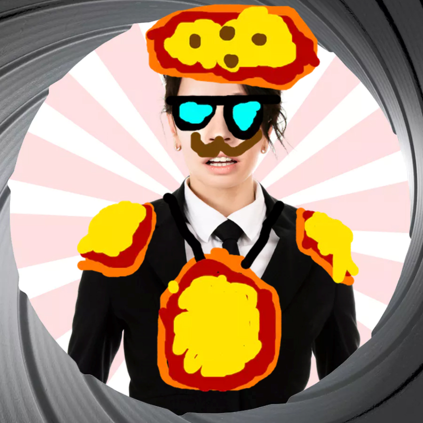 A secret agent with glasses and a moustache covered in pizzas