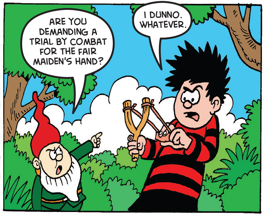 Dennis challenges the gnomes to a competition