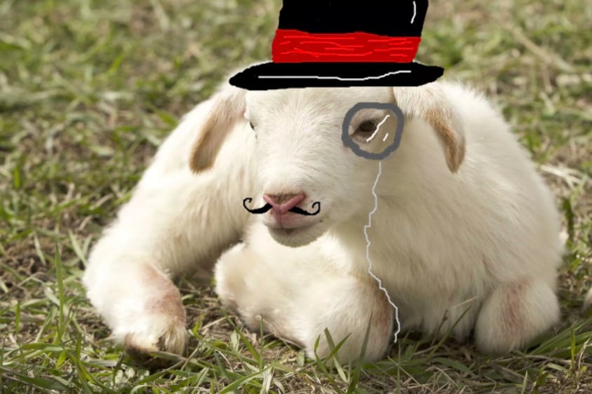 A sheep in a top hat with a monacle