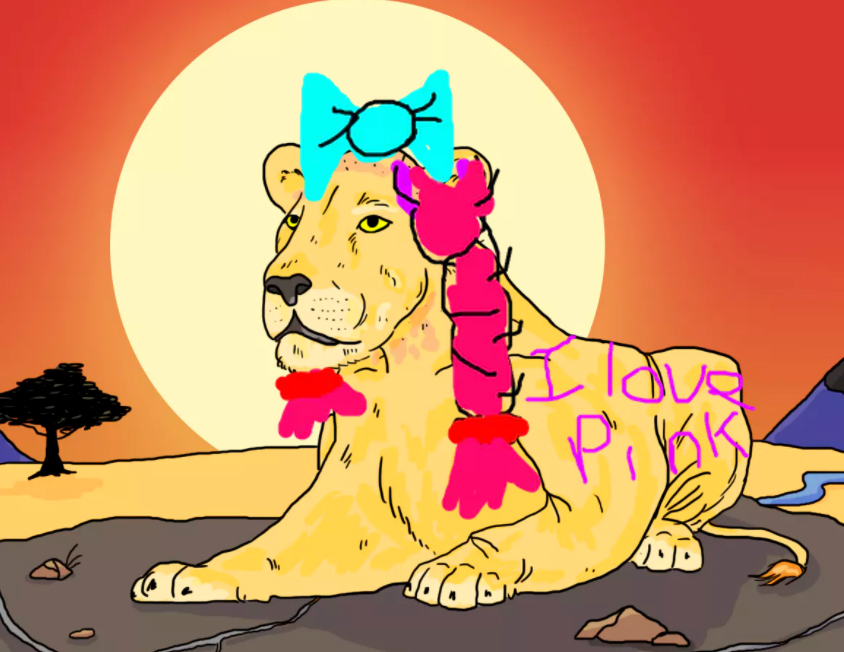Lion with platted hair and Jo-Jo Bow and the words I LOVE PINK on his back