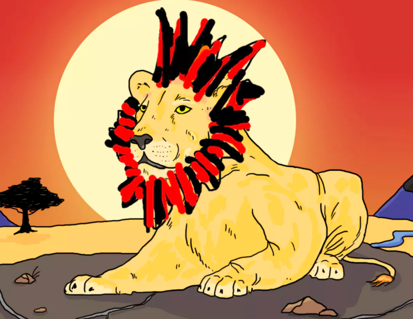 A Lion with a black and red striped mane