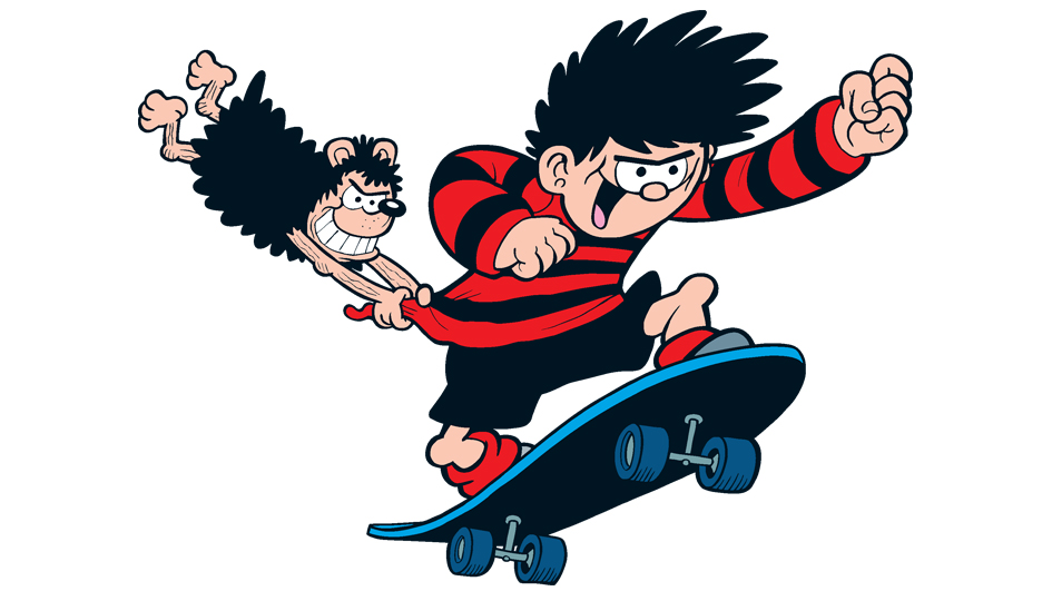 Dennis the Menace and Gnasher riding a skatebaord