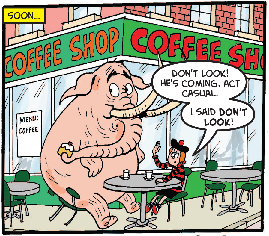 Minnie and the mammoth wait at a coffee shop