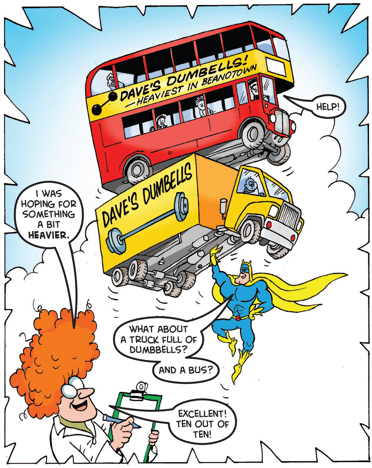 Bananaman lifts a truck and a bus