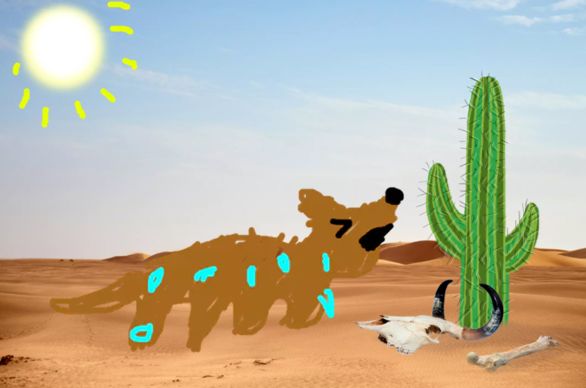 A sweaty dog who is hot in the desert