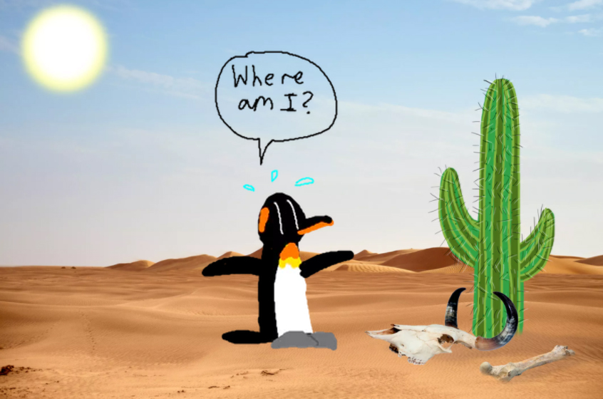 A lost penguin in the desert asking "where am I?"