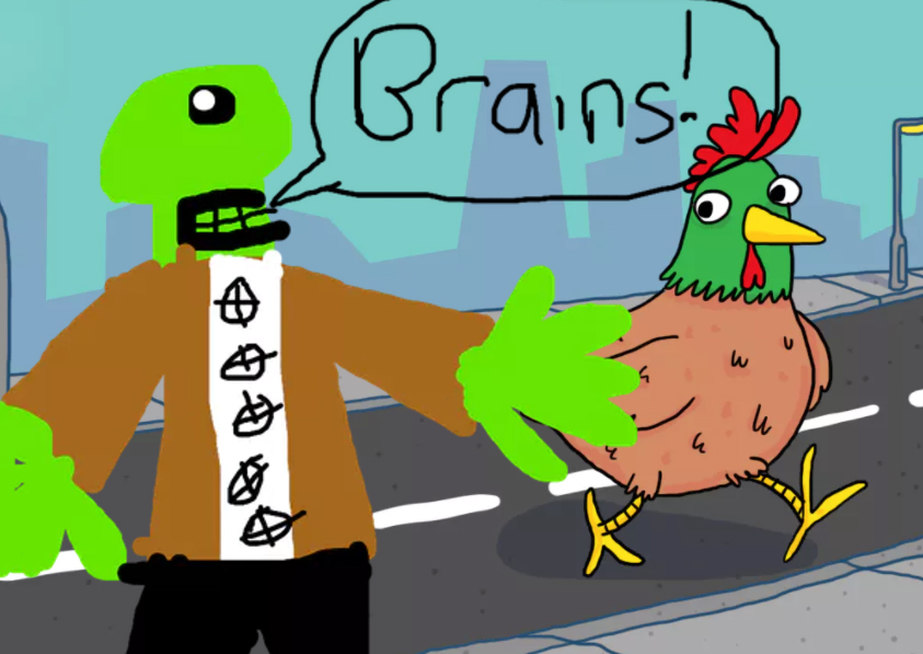 A Chicken running away from a zombie with one eye