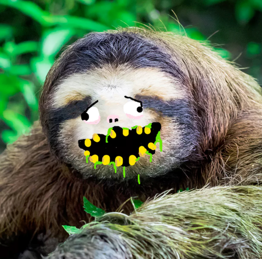 A happy sloth with gross yellow teeth and some kind of slime coming out it's mouth
