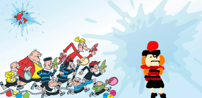 The Bash Street Kids soaking Minnie the Minx with super soakers