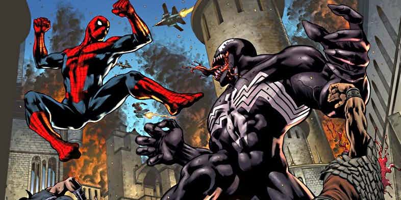 Spider-man fights a baddie dressed in all black