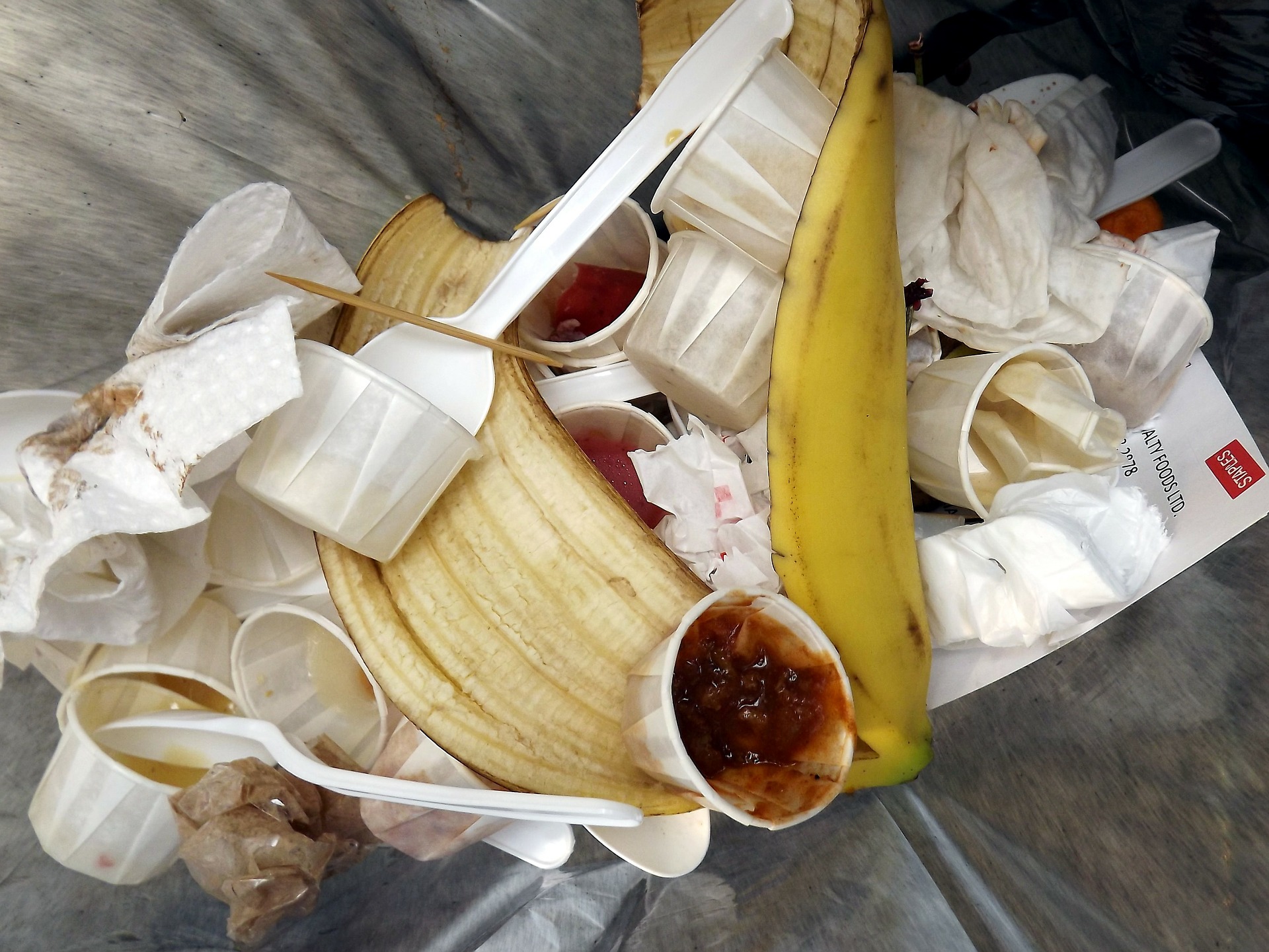 A bin full of rubbish and banana skins