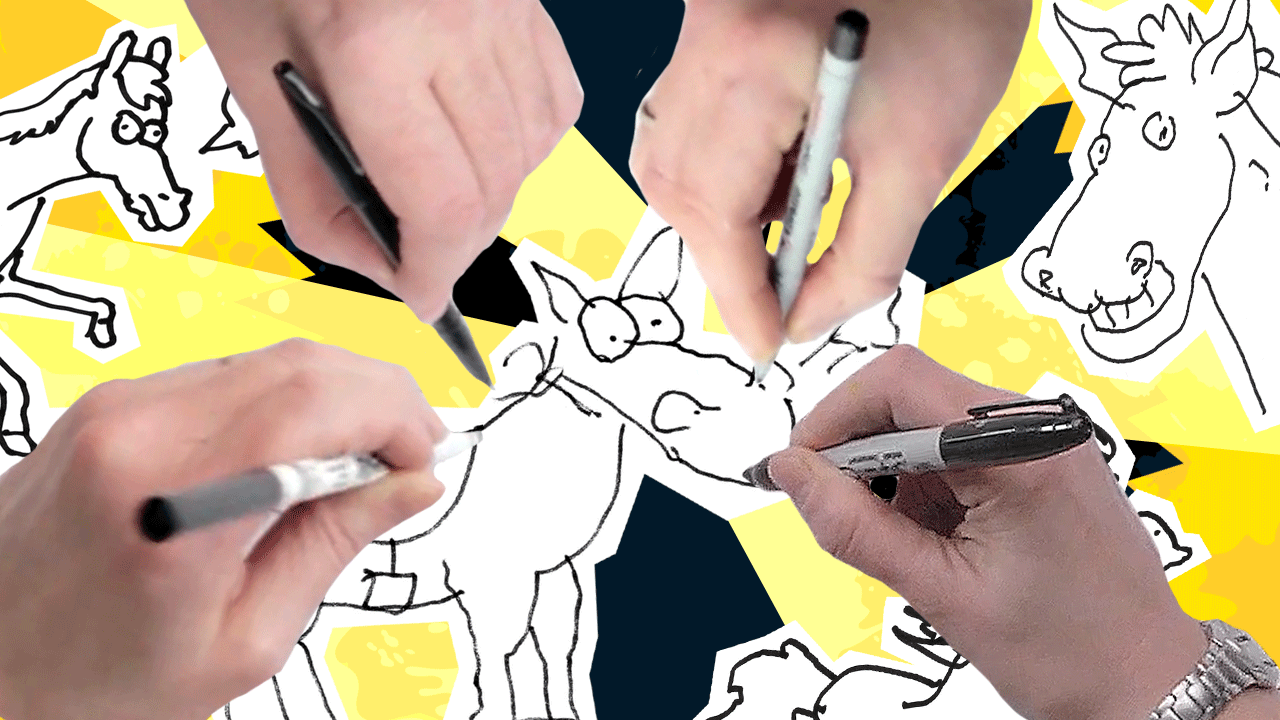 Beano artists drawing a horse