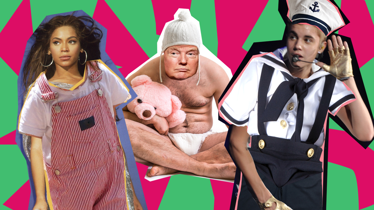 trump, beyonce and bieber in baby clothes