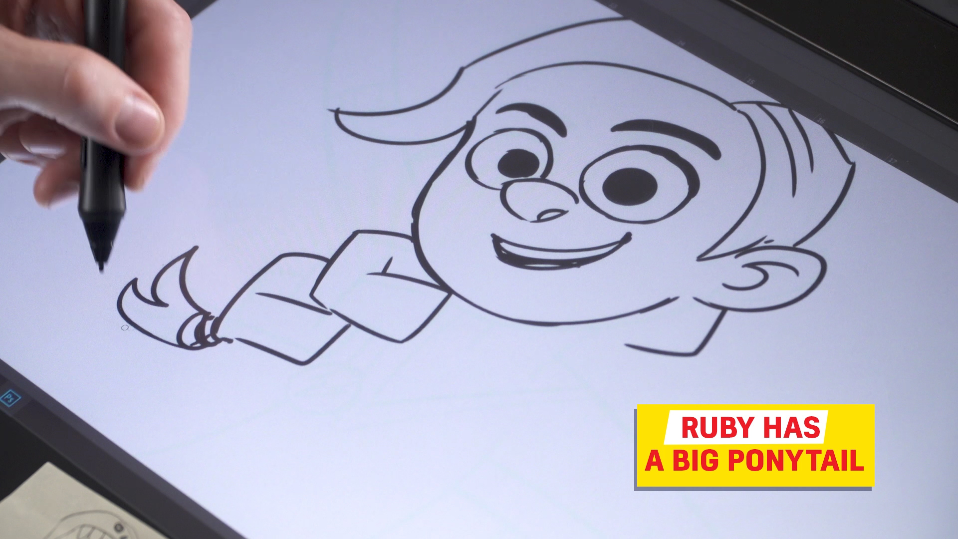 Ross drawing Rubi's ponytail