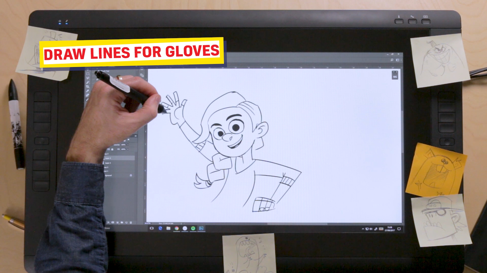 Ross drawing Rubi's gloves