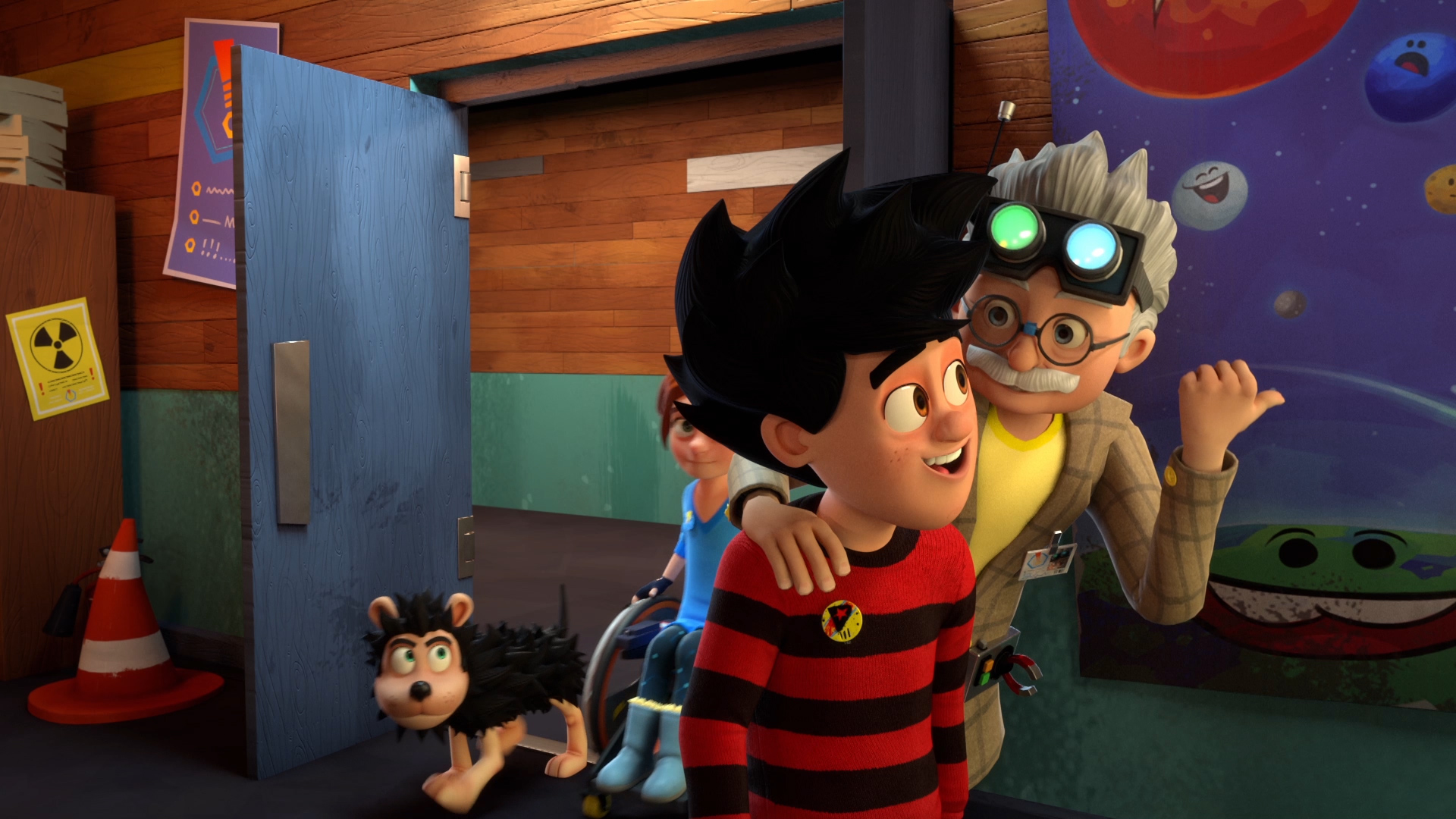 Dennis Gnasher and Rubi listen to the Professor in the lab