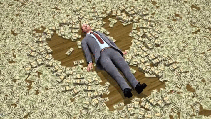 A man lying in money gif