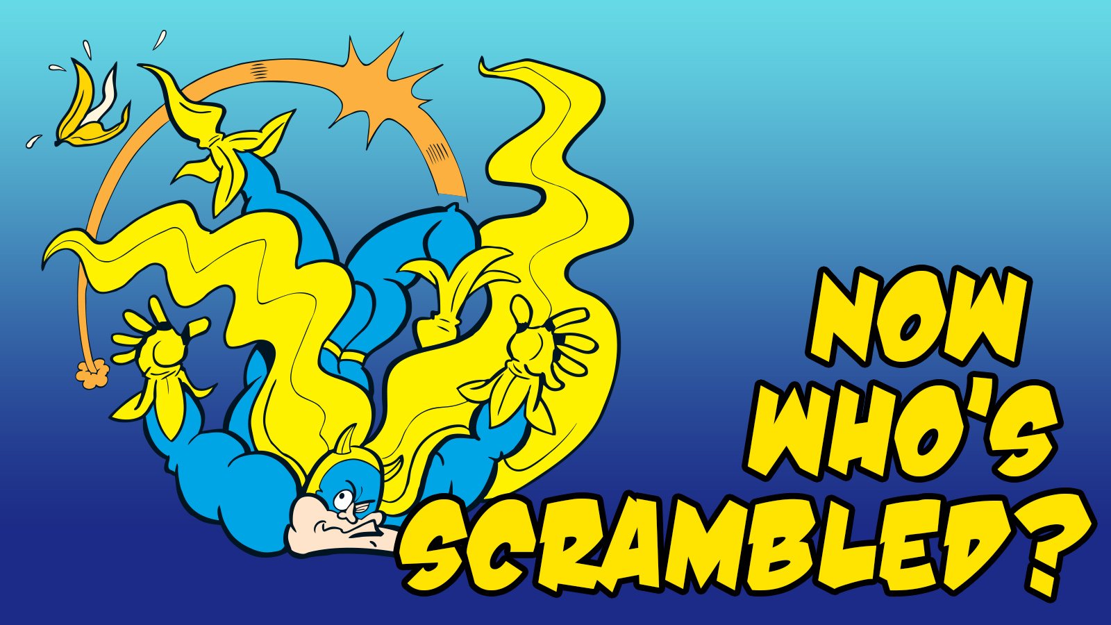 Now which hero is all scrambled? Bananaman's been truly trampled!