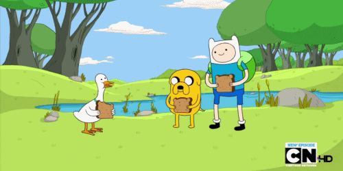Adventure Time's Finn, Jake and a duck hang out in a park