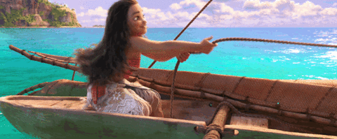 Moana sets sail in her boat in the Disney film Moana