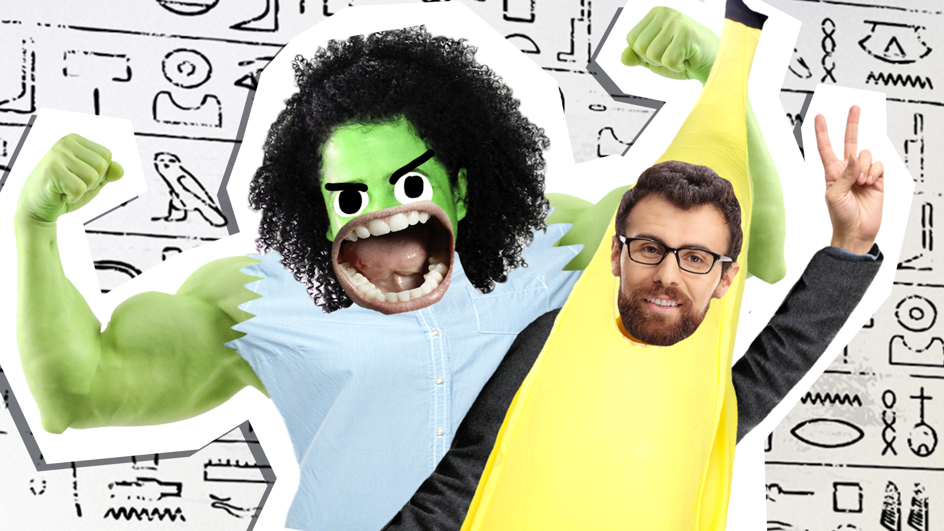 hulk and a teacher dressed a s banana