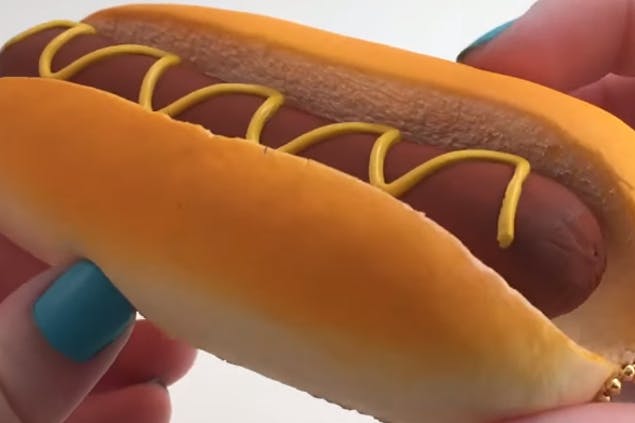 A squishy toy that looks exactly like a hot dog