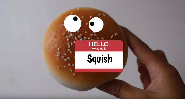 A burger bun squishy toy with a name tag which says 'Squish'