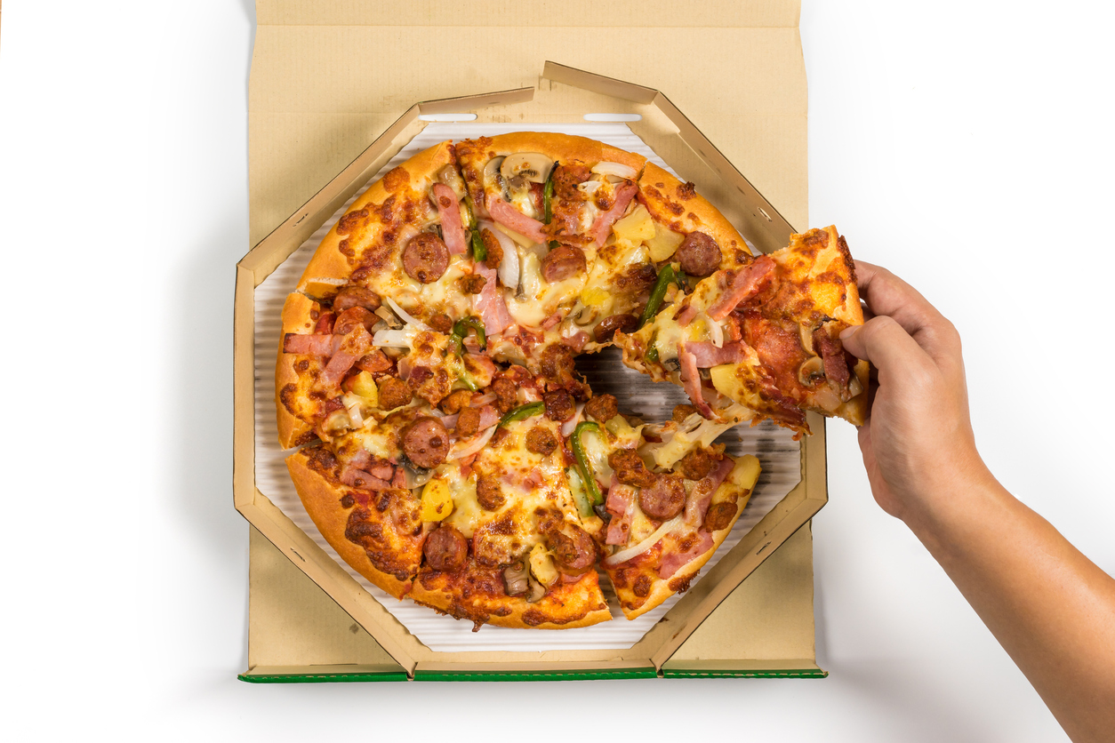 A delicious takeaway pizza