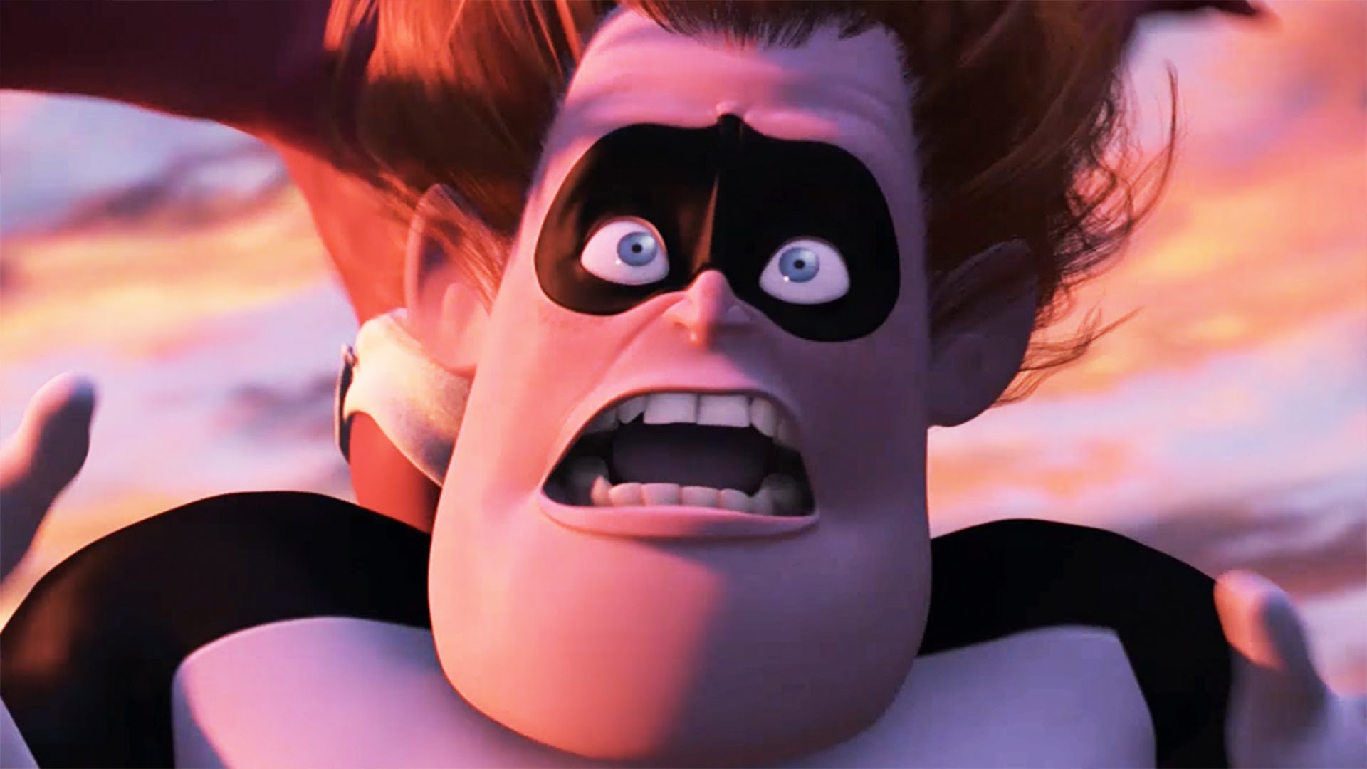 This is a picture of Syndrome looking scared at the end of the Incredibles film