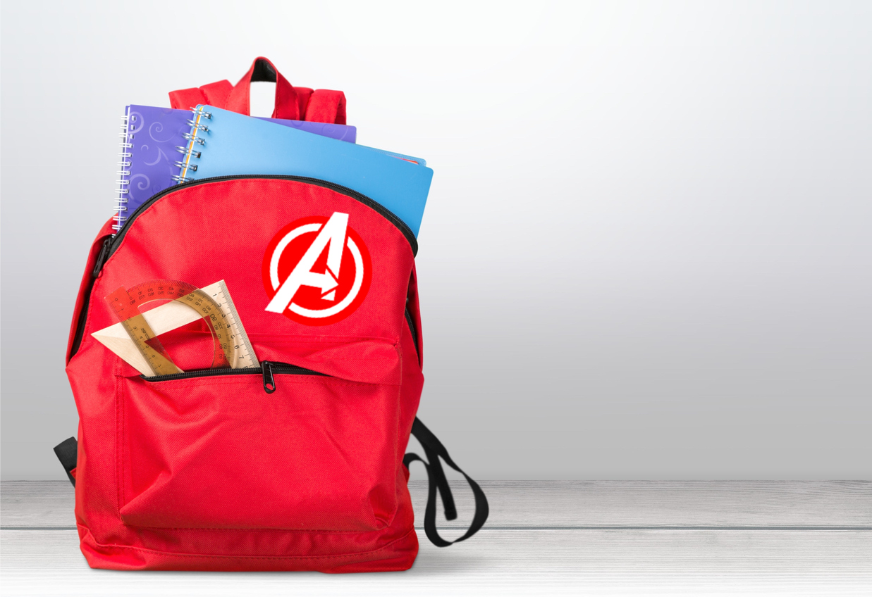 A school bag bearing the Avengers logo