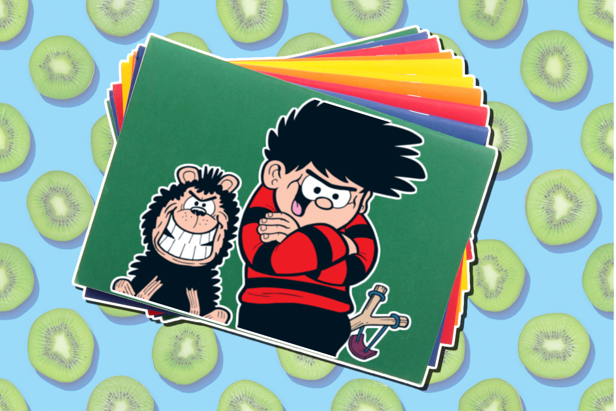 Dennis and Gnasher sticker on an exercise book