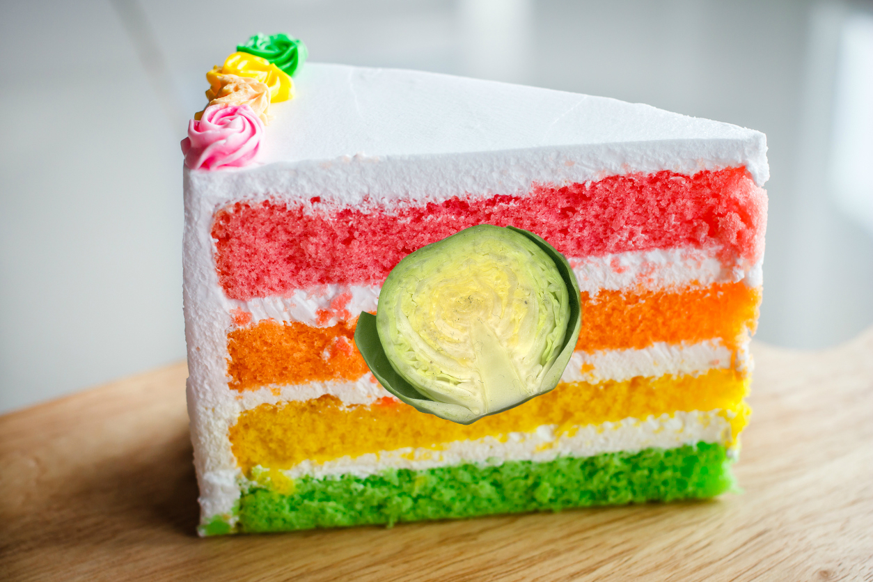 A delicious slice of rainbow cake filled with Brussels sprouts