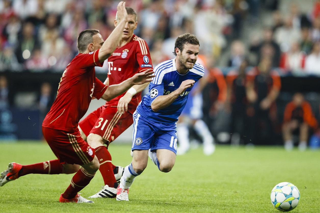 Juan Mata of Chelsea (r), Bastian Schweinsteiger (m) and Franck Ribey (l) of Bayern during FC Bayern Munich vs. Chelsea FC UEFA Champions League Final game at Allianz Arena on May 19, 2012 in Munich