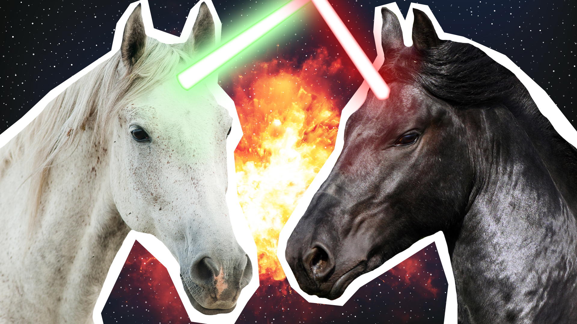 jedi unicorn and sith unicorn locked in battle for all eternity! War is bad guys - don't do it!