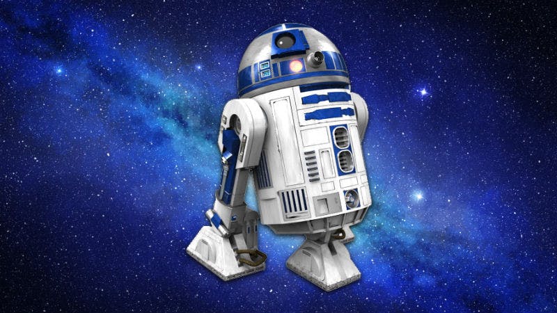 Star Wars character R2-D2 floating in space