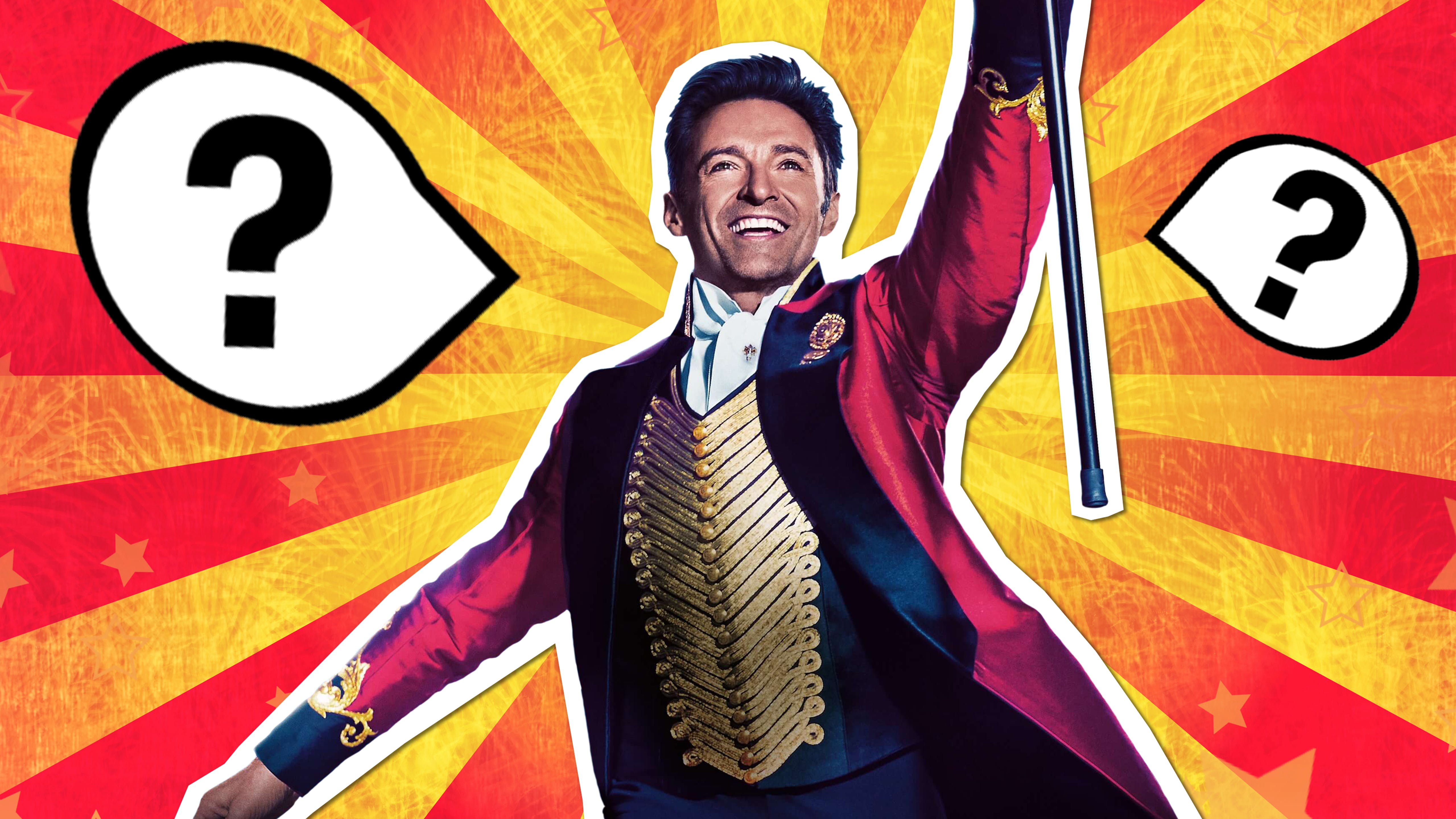 The Greatest Showman lyrics quiz - Hugh Jackman in costume with question marks in place of lyrics