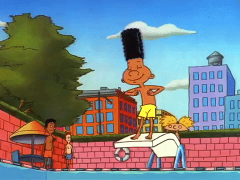 Hey Arnold character jumps into a outdoor pool