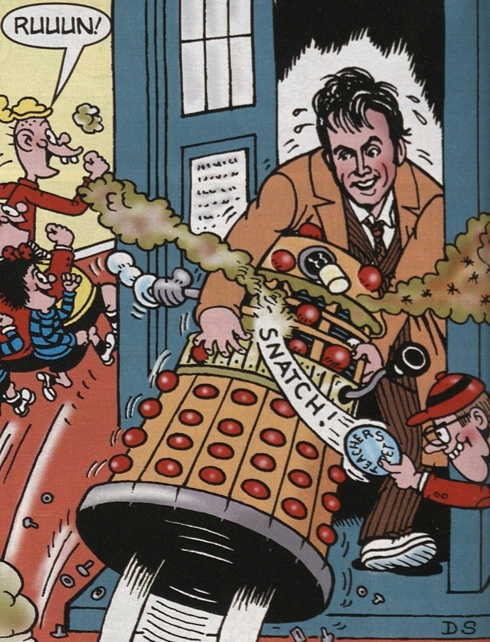 Beano Max Volume 1 March 2007 featured a strip with Doctor Who star David Tennant saving Bash Street from a Dalek invasion