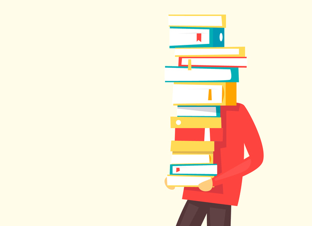 A person carrying a big pile of books