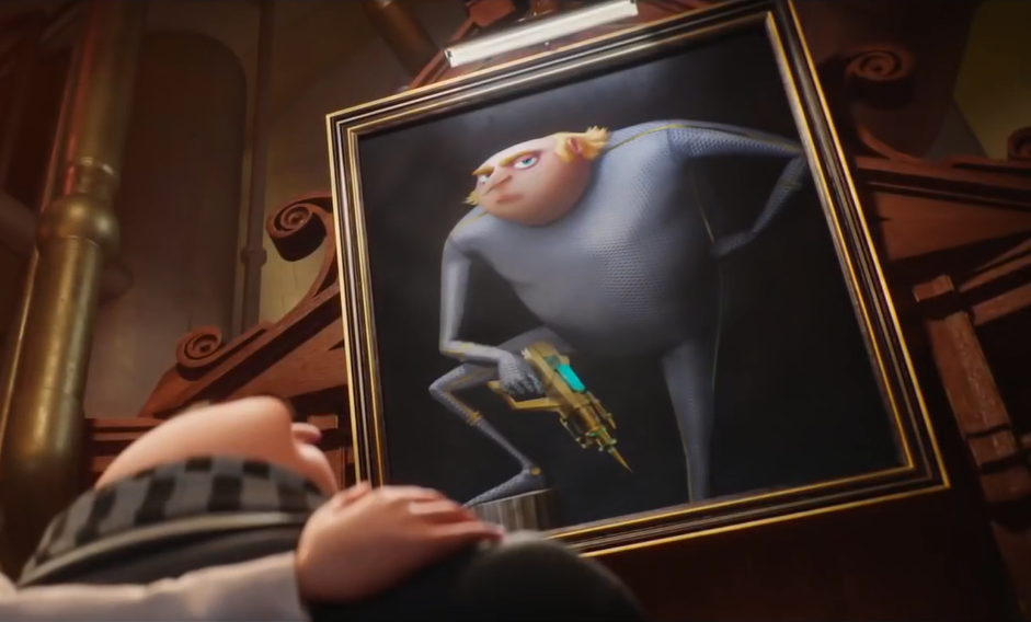 Gru looks at a painting of his dad