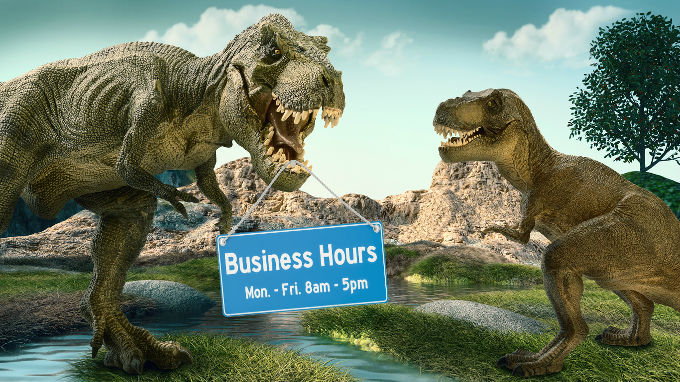 A dinosaur displaying a park opening hours sign