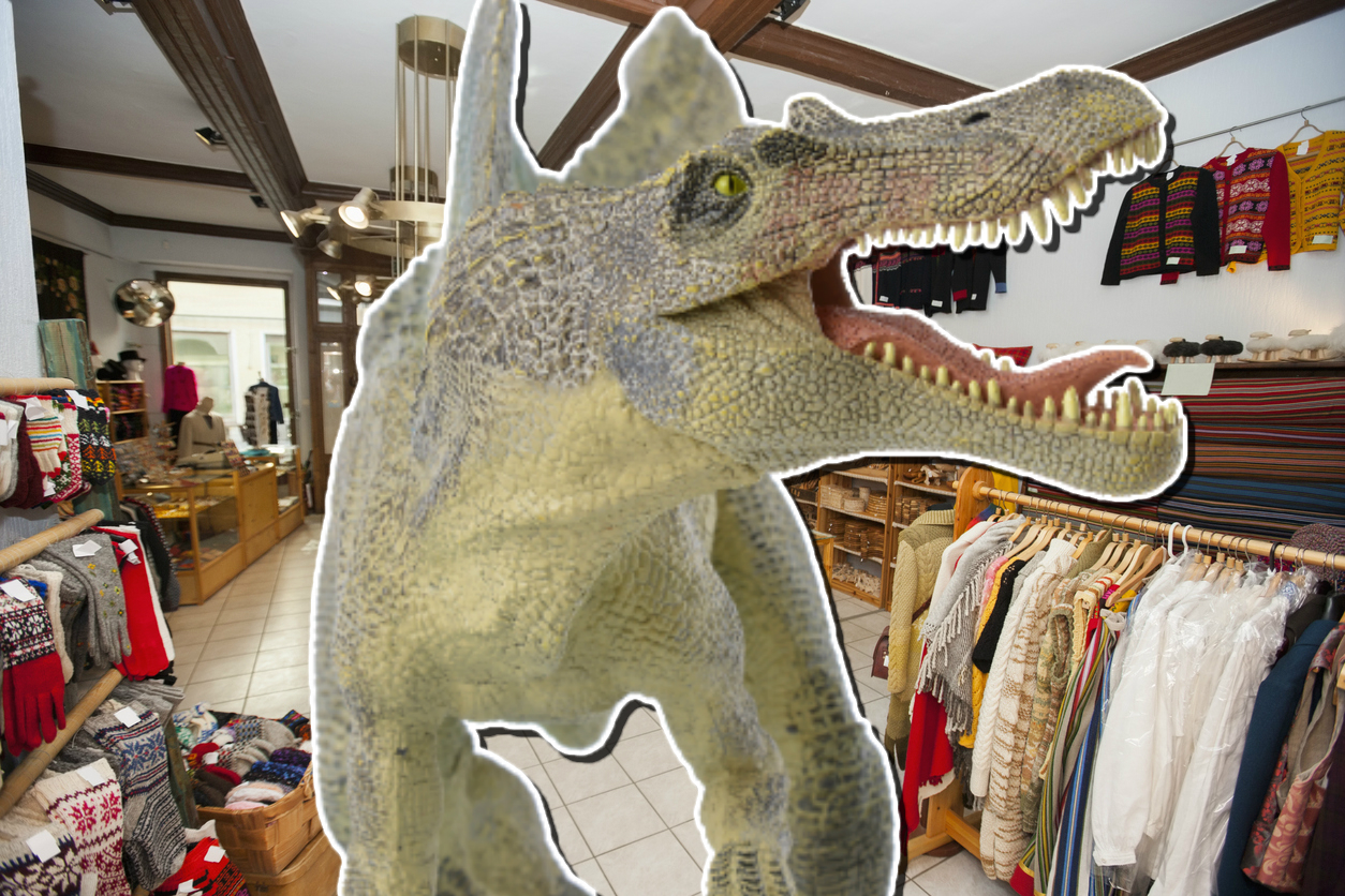 A dinosaur roams the gift shop