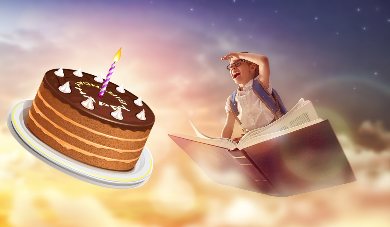 A child and a flying cake