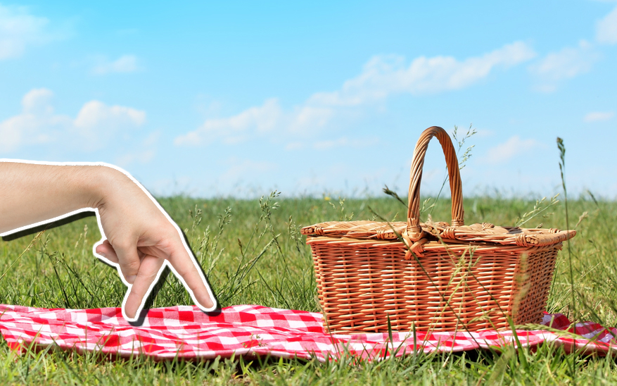 A sneaky hand approaches a picnic basket