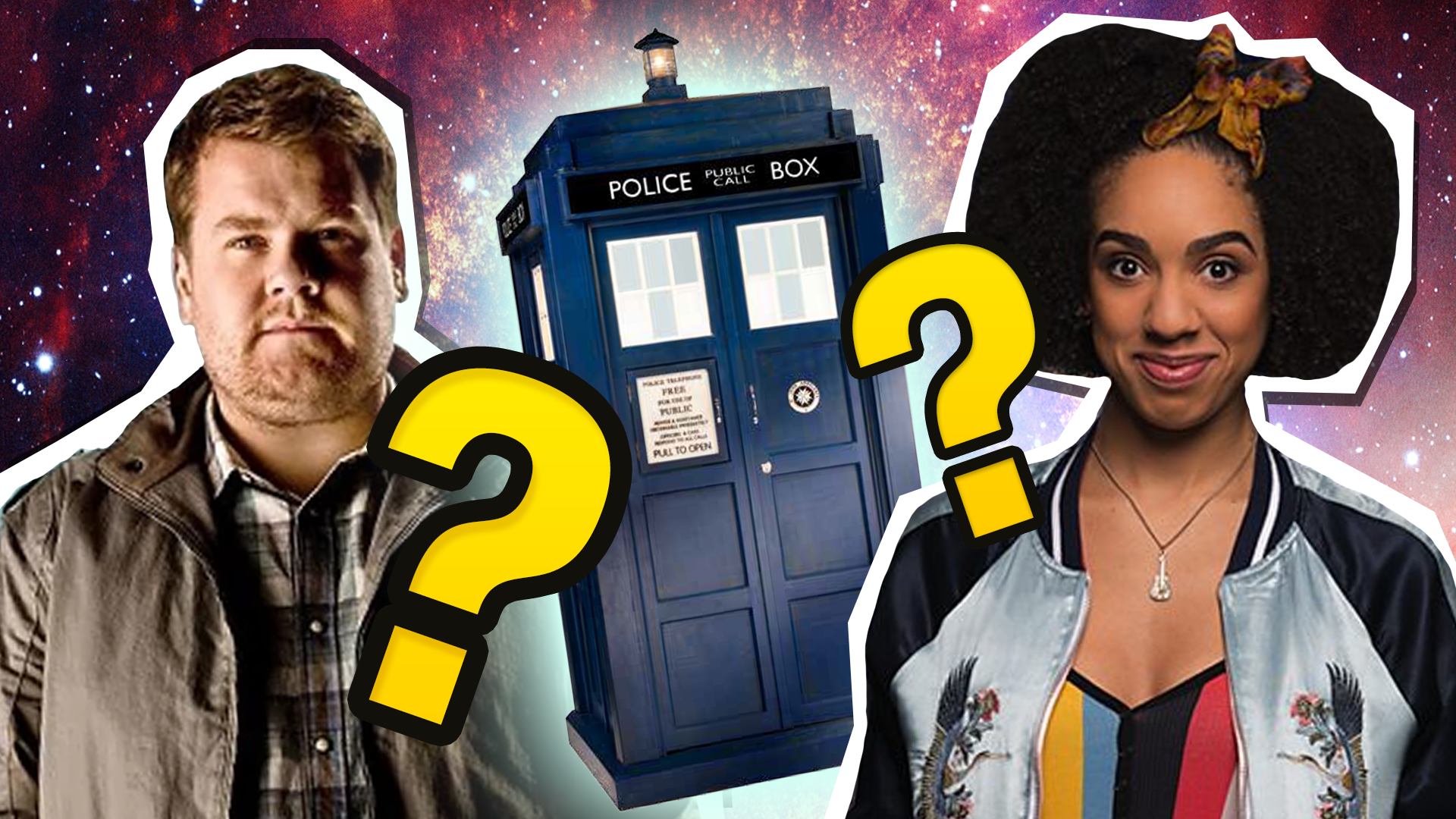 Craig Owens and Bill Potts by the TARDIS and some question marks
