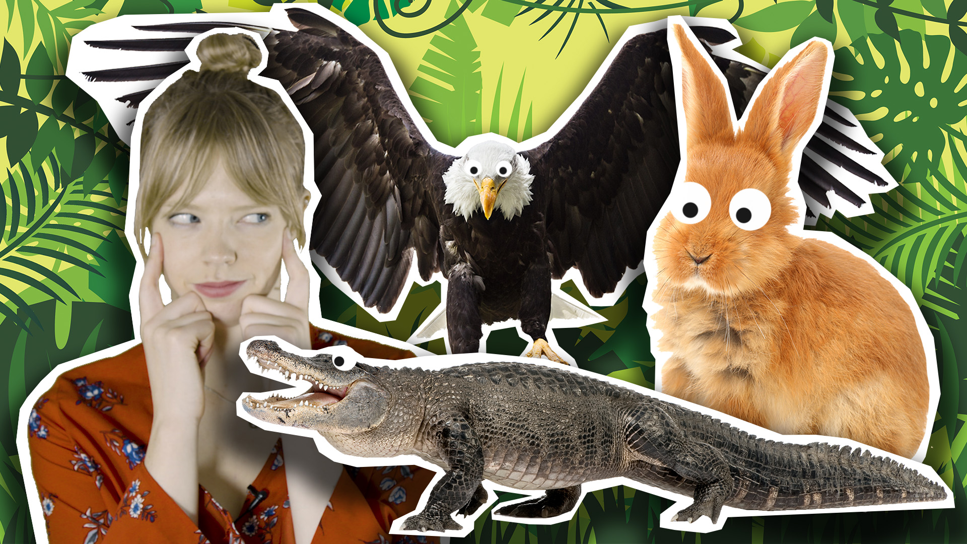 Emma and some animals. A crocodile, eagle and rabbit